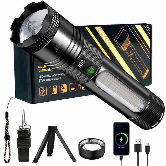 Rechargeable LED Flashlight, 250,000 High Lumens, USB-C Fast Charging, 9 Light Modes, Zoomable Waterproof Flashlight for Camping, Hiking, Emergency Use(Black)
