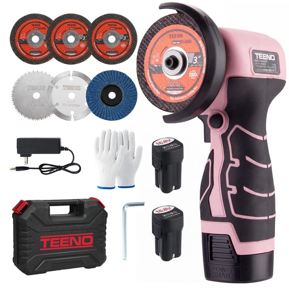 TEENO Cordless Angle Grinder Kit, 19,500 RPM Mini Electric Angle Grinding Tool with 2 pcs 16.8V 2000mAh Batteries and 6 Cutting Discs, 3-Inch Handheld Grinder for Metal/Wood Cutting and Grinding