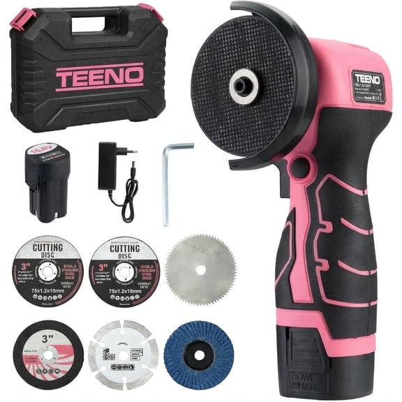 TEENO Cordless Angle Grinder Kit, 19,500 RPM Mini Electric Angle Grinding Tool with 2 pcs 16.8V 2000mAh Batteries and 6 Cutting Discs, 3-Inch Handheld Grinder for Metal/Wood Cutting and Grinding