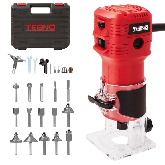 TEENO Wood Router, 650W Compact Router Tool for Woodworking, Hand Wood Trimmer with 12Pcs 1/4" Bits Set, 6 Speeds, Edge & Roller Guide, Portable Tool Box, Dust Hood