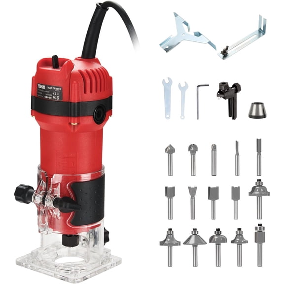 TEENO Wood Router, 800W Compact Router Tools for Woodworking, 31000 RPM Hand Trim Router with 15 Pcs 1/4" Router Bits Set, Edge Guide, Roller Guide