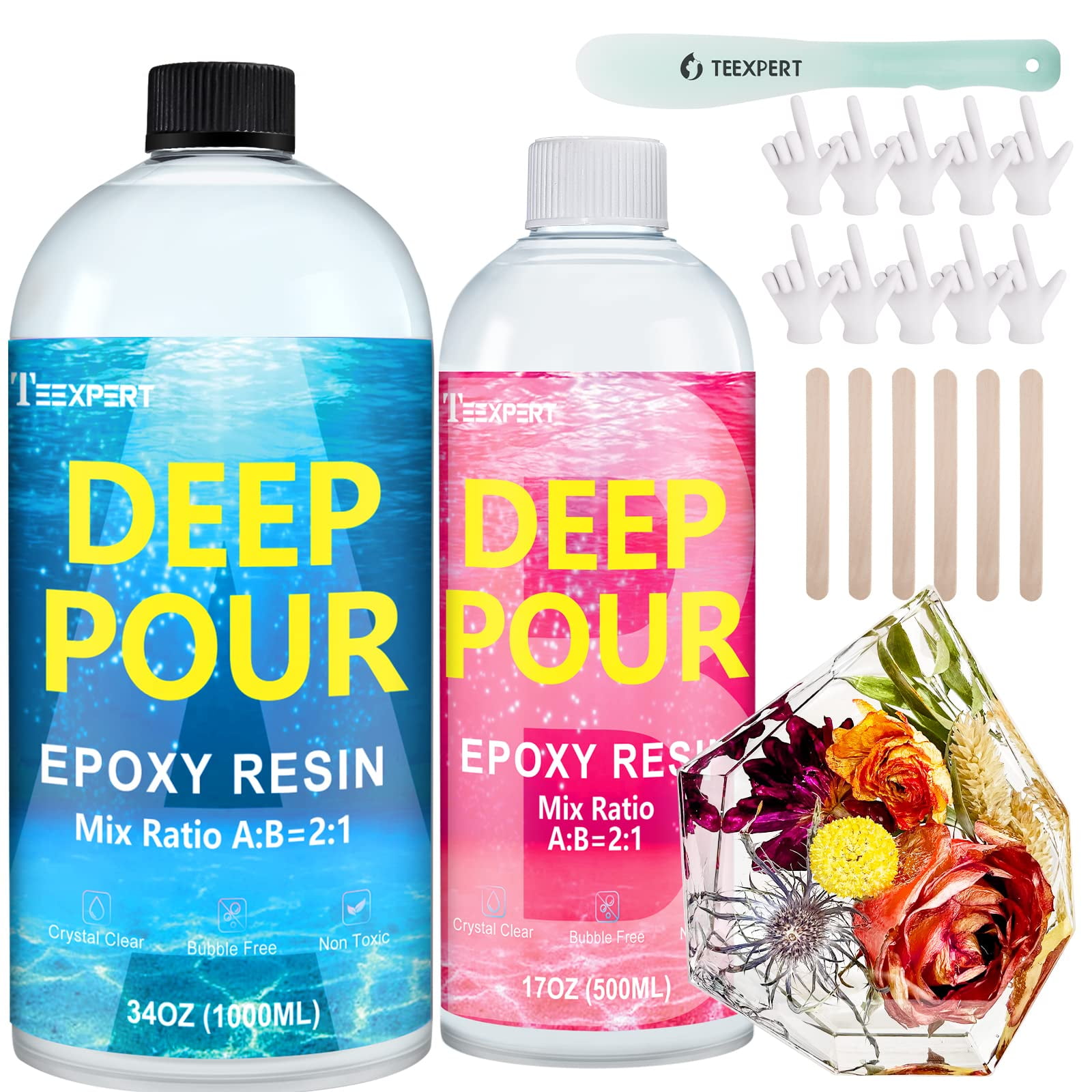 TEEXPERT Deep Pour Epoxy Resin, 51OZ Epoxy Resin Kit for 2-4" Pour Depths, Crystal Clear & High Gloss, Bubble-Free Casting Resin for Flower Preservation, River Tables-2:1 Mix Ratio