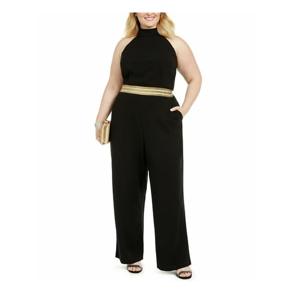 TEEZE ME Womens Black Glitter Zippered Sleeveless Halter Party Wide Leg Jumpsuit 22
