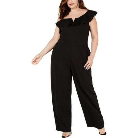 TEEZE ME Womens Black Short Sleeve Asymmetrical Neckline Evening Wide Leg Jumpsuit Juniors 16