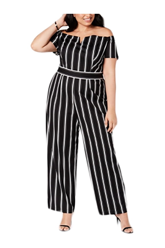 Womens Black Striped Short Sleeve Off Shoulder Evening Wide Leg Jumpsuit 20