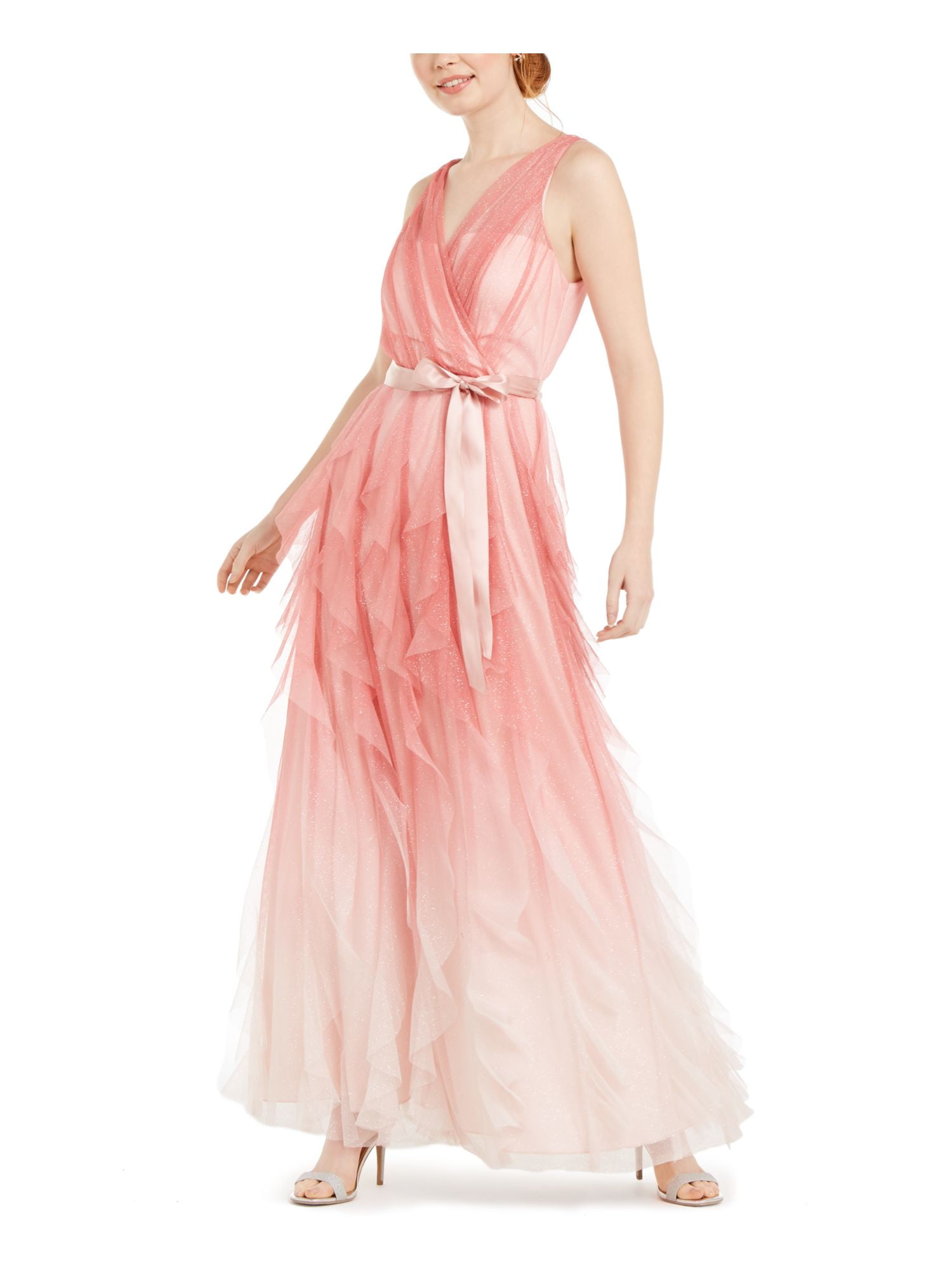 TEEZE ME Womens Coral Mesh Zippered Ruffled Glitter Belted Lined Ombre  Sleeveless Surplice Neckline Full-Length Party Gown Dress Juniors 5\6 -  Walmart.com