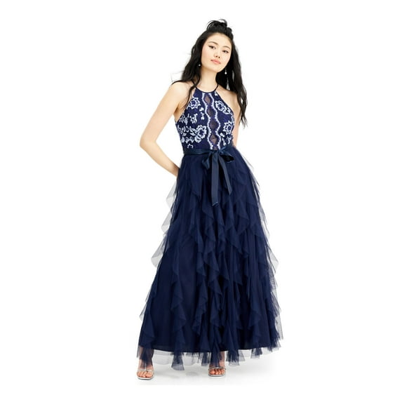 TEEZE ME Womens Navy Ruffled Textured Floral Sleeveless Halter Full-Length Layered Prom Dress 1