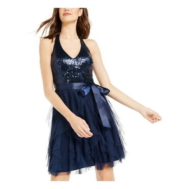 TEEZE ME Womens Navy Sequined Zippered Sleeveless Halter Above The Knee Party Fit + Flare Dress 5\6