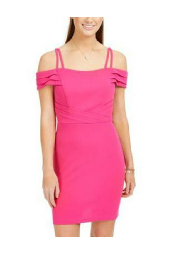 Womens Pink Cold Shoulder Spaghetti Strap Short Evening Body Con Dress 3\4