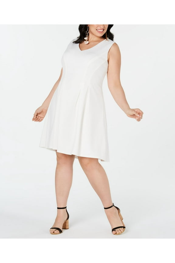 Womens White Sleeveless V Neck Knee Length Formal Fit + Flare Dress 16