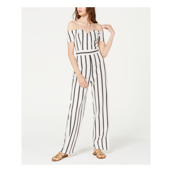 TEEZE ME Womens White Striped Short Sleeve Off Shoulder Wide Leg Jumpsuit Juniors 9