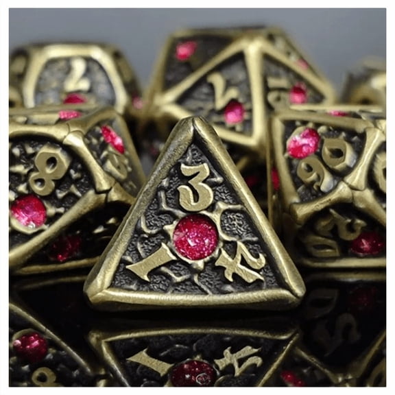 TEG - 7 Brass w/ Pink Gemmed Metal Polyhedral Dice