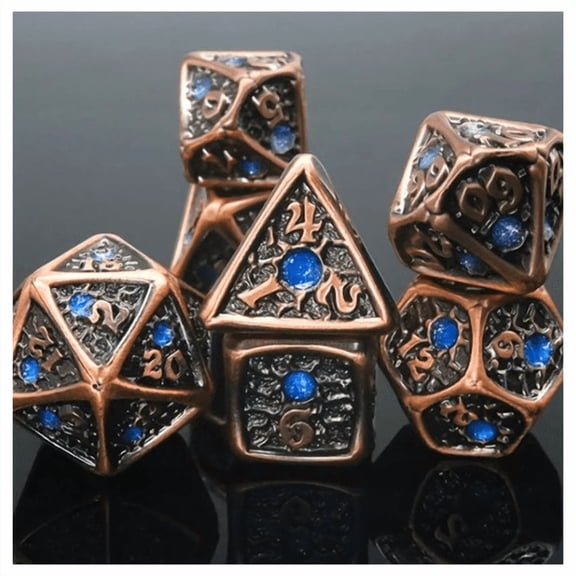 TEG - 7 Bronze w/ Blue Gemmed Metal Polyhedral Dice