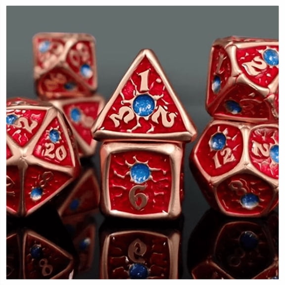 TEG - 7 Copper & Red w/ Blue Gemmed Metal Polyhedral Dice