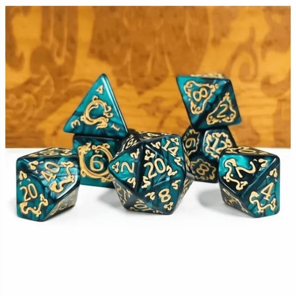 TEG - 7 Green w/ Tan Dragon Polyhedral Dice