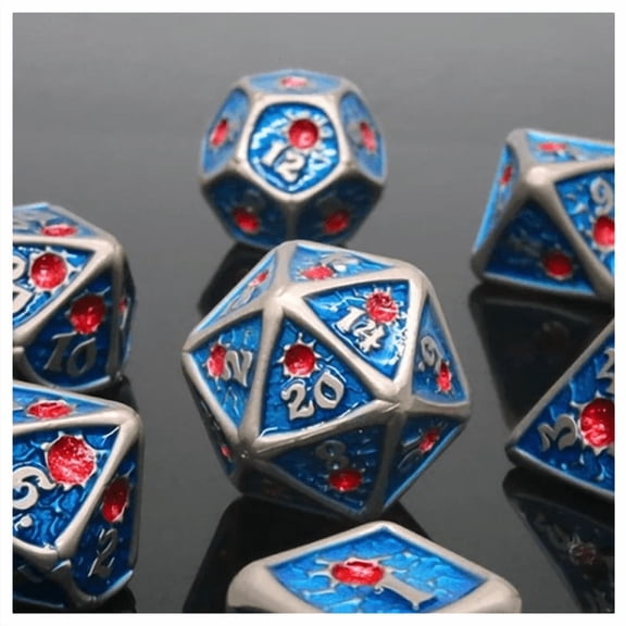 TEG - 7 Pewter & Blue w/ Pink Gemmed Metal Polyhedral Dice