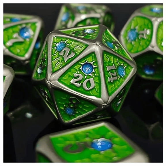 TEG - 7 Pewter & Green w/ Blue Gemmed Metal Polyhedral Dice