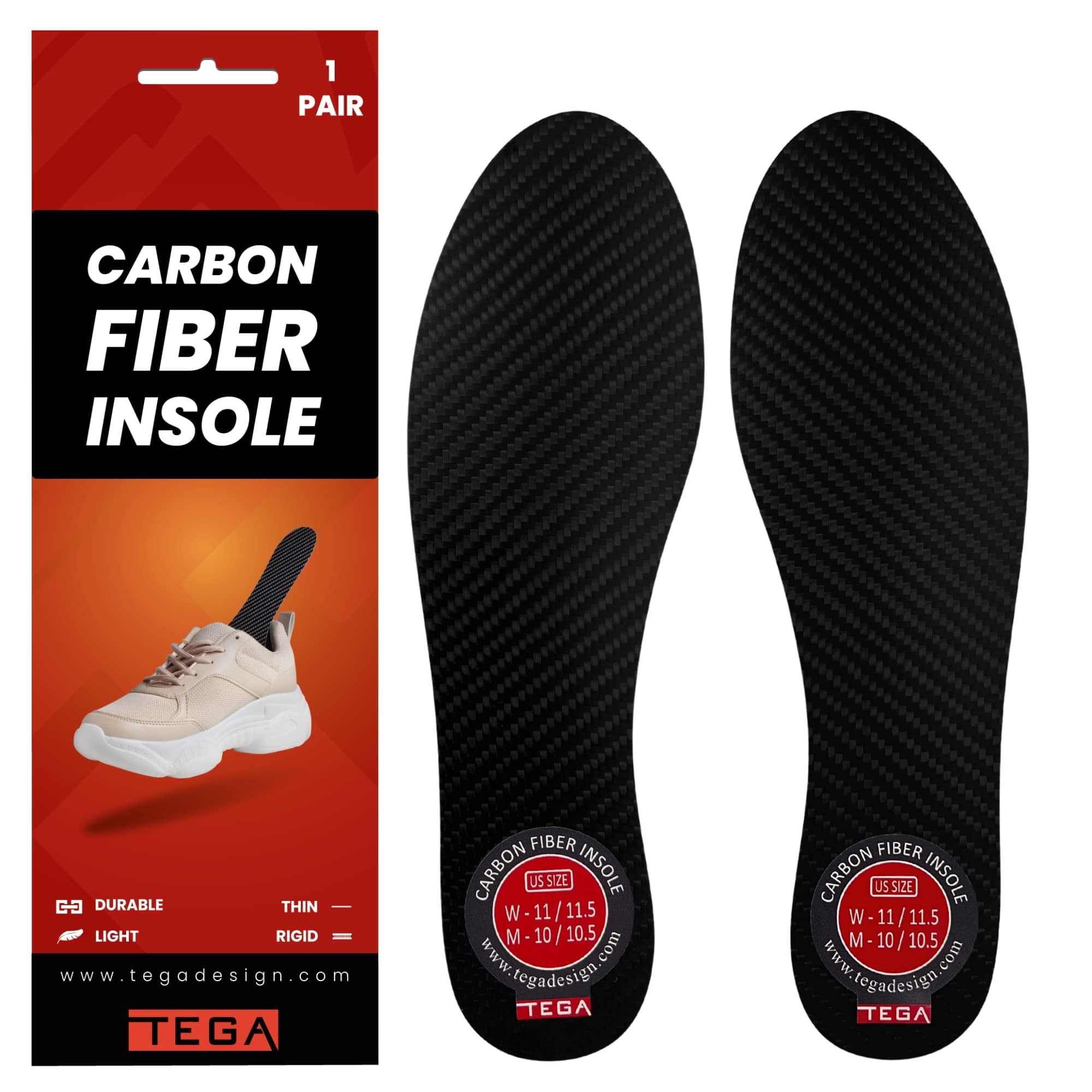 TEGA Carbon Fiber Insole (1 Pair) W10/M9 Insert for Sports, Hiking