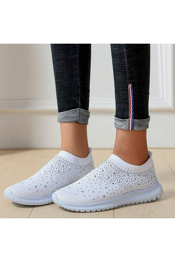 1 Pair Women Rhinestone Sneakers Breathable Mesh Cloth Shoes For Sports Party