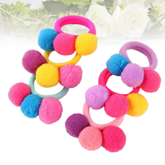 TEHAUX 10Pcs Pompon Hair Tie Metal-free Secure Hold Round Hair Accessories for Girls Casual Outfits