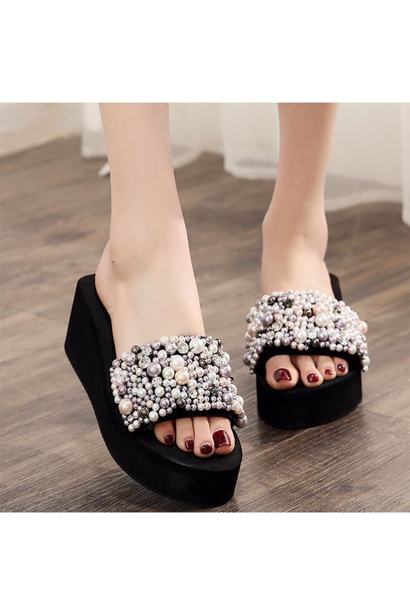 1 Pair Pool Slippers Black Slipper with Anti-Slip Wedge Sole for Women