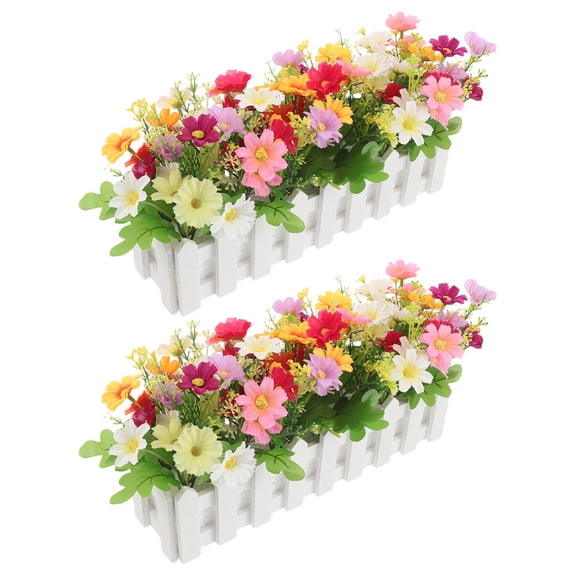 TEHAUX Set of 2 White Faux Flower Pots with Decorative Fence Basket for Indoor Outdoor Decor