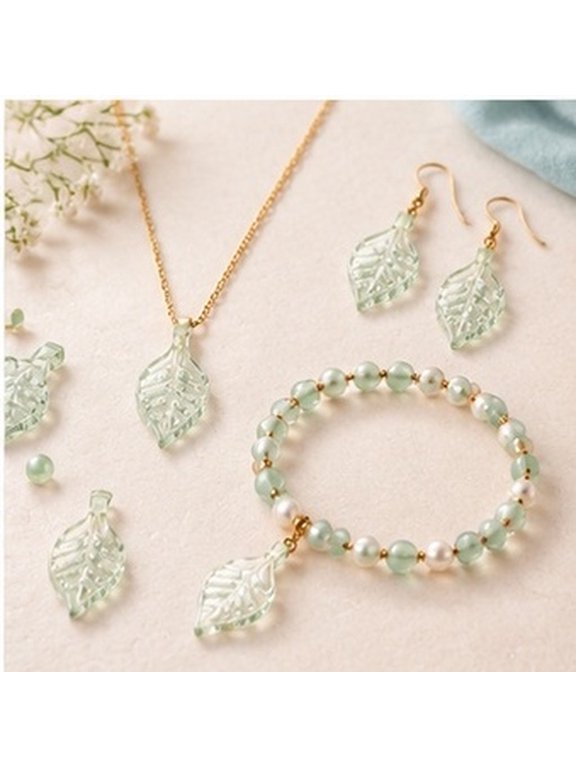 300Pcs Green Leaf Beads Transparent Acrylic Easy to String for Earring Making