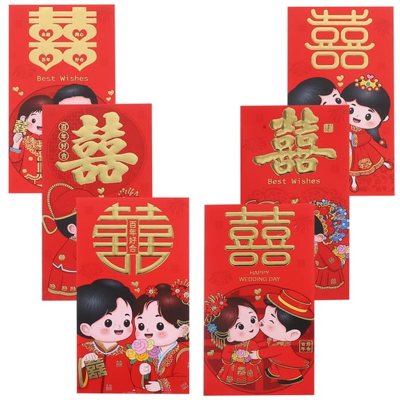 TEHAUX 6-Pack Spacious Chinese Red Money Envelopes for Wedding Cash with Design
