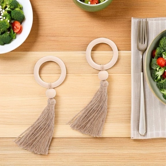 TEHAUX 6Pcs Rustic Wood Bead Napkin Rings with Tassels Farmhouse Style Decorative Serviette Buckles for Dining Table