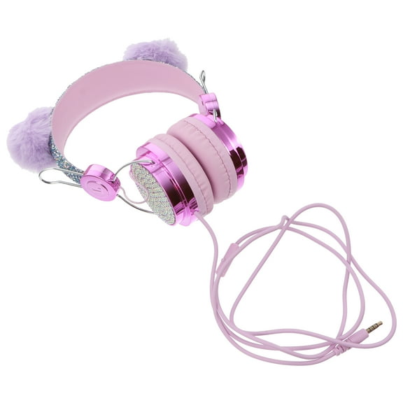 TEHAUX Back to School Violet Kids Over Ear Headphones with Cartoon Ball Ears Shiny Rhinestone and Sequin for Music Listening