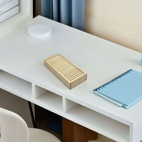 TEHAUX Khaki Wood Multi-Compartment Business Card Organizer for Desk and Office