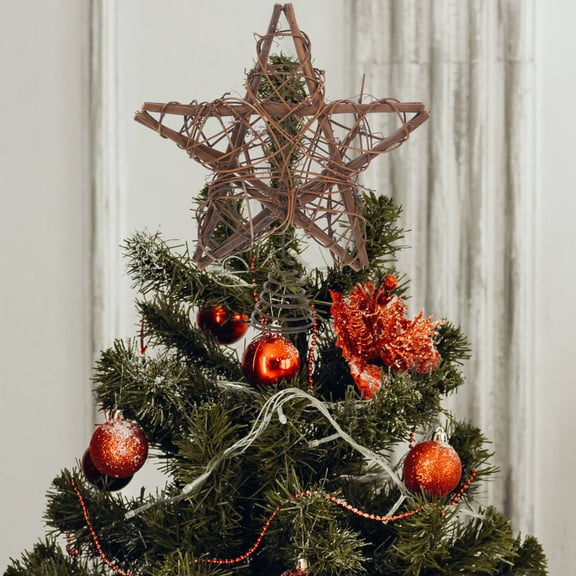 TEHAUX Christmas Rattan Star Tree Topper in Coffee Color Rustic Style Holiday Decoration 1 Set