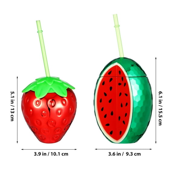 TEHAUX FruitThemed Drink Cups with Lids and Straws for Party Use Red Plastic Strawberry and Watermelon Cups 2 Pcs