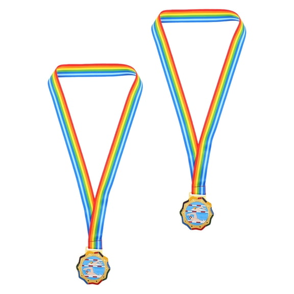 TEHAUX Golden Zinc Alloy Medal for Children Winners Durable Award Medal with Neck Ribbon for Swimming Competitions 2pcs