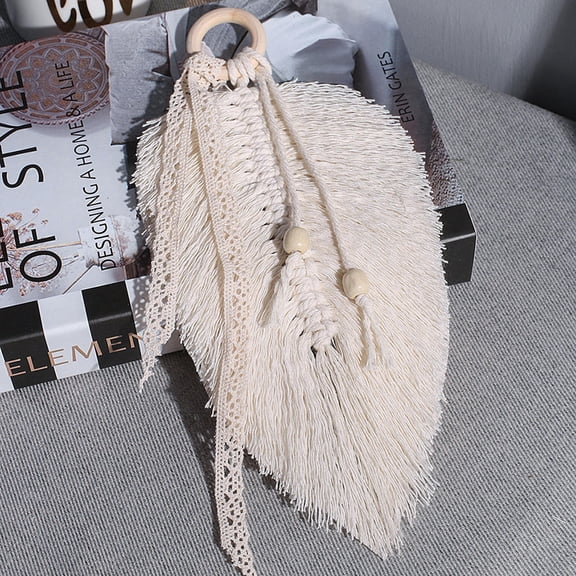 TEHAUX Handwoven Leaf Tassel Tapestry, Cotton Thread Macrame Wall Hanging with Wood Rod for Boho Home Bedroom Decor