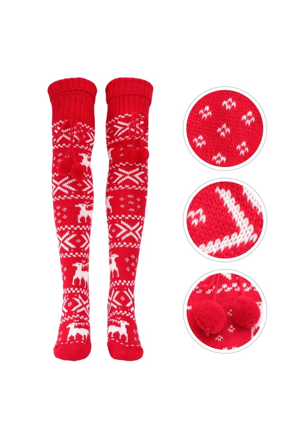 Women's Red Knit Acrylic Winter Stockings, 1 Pair, Warm Comfortable Socks, 75x3.1in, Cozy Legwear Accessories