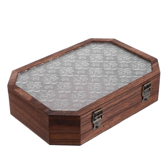 TEHAUX Coffee Wood Display Cabinet with Drawers and Glass Top for Organizing