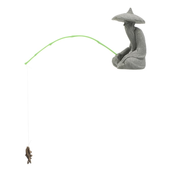 TEHAUX Grey Sitting Fisherman Figurine Resin Shui Ornament for Aquarium