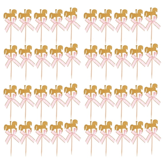 TEHAUX Carousel Horse Cake Toppers Pink Wood 40Set For Wedding Party Birthday Celebrations