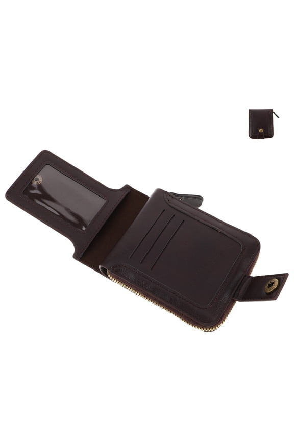 Mens Compact Coffee Wallet with Zipper Multifunctional Card Holder for Organized Storage