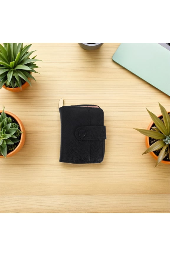 Minimalist Black PU Bifold Card Wallet with Zipper for Secure Storage and Easy Access