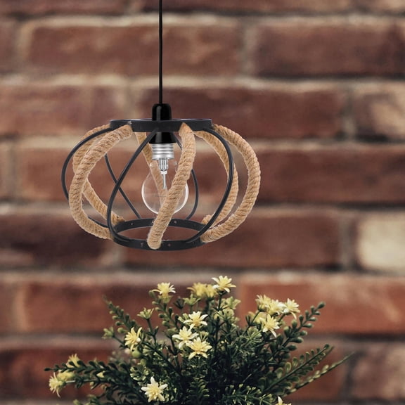 TEHAUX Vintage Lantern Rope Ceiling Light Cage Rustic Iron Pendant Light Fixture