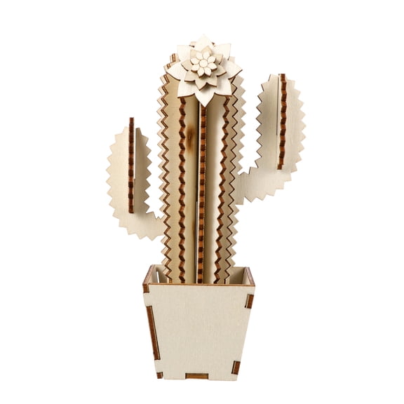 TEHAUX Mini Cactus Figurine Beige Wood Ornament, Cute Small Plant Decor for Home, Office, Living Room, Desk Accessory