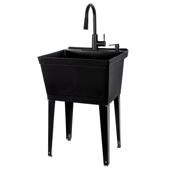 TEHILA Freestanding Floor Mount Black Utility Sink with Black High-Arc Faucet for Laundry Room