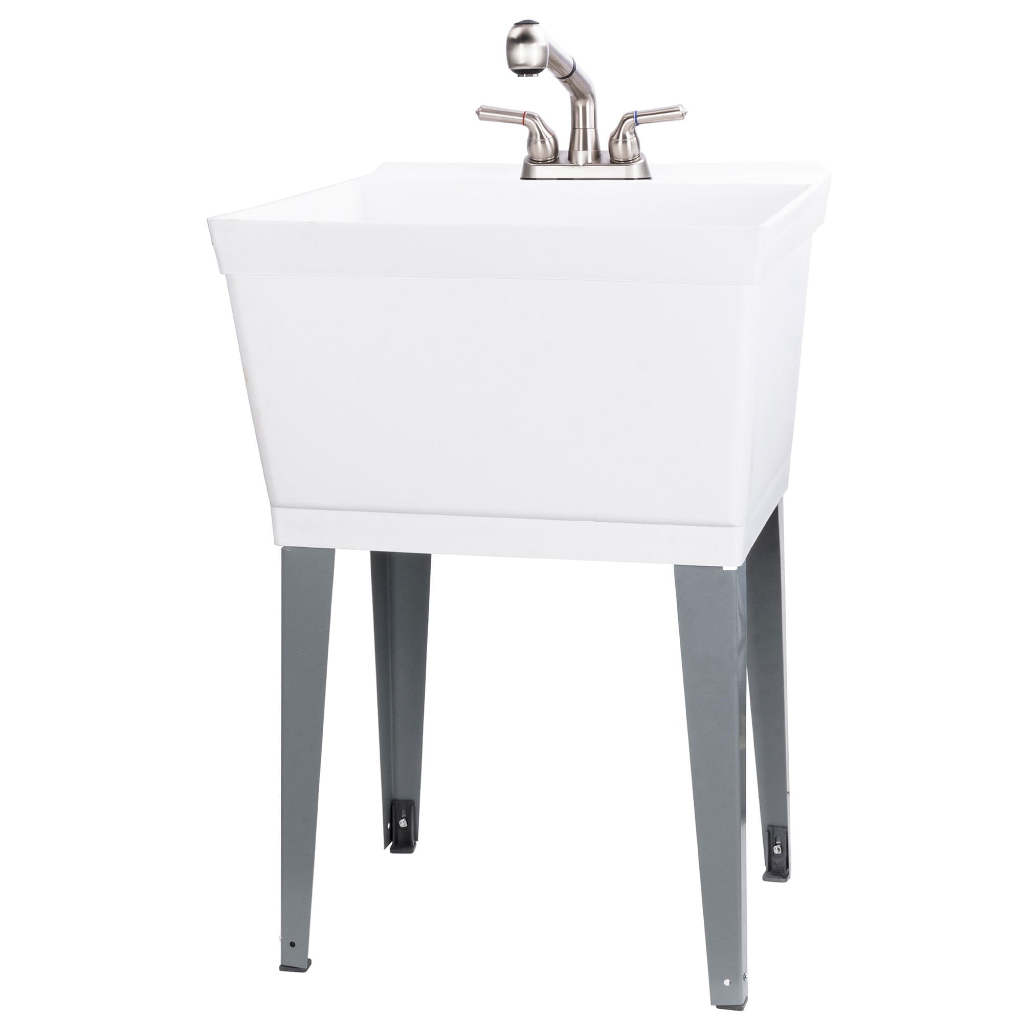 TEHILA Freestanding Floor Mount White Utility Sink with Stainless Finish Faucet for Laundry Room