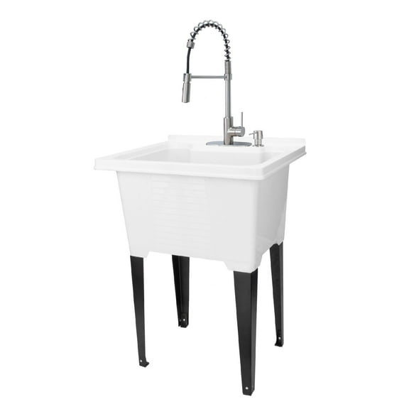 TEHILA LUXE 18 Gallon White Utility Sink with Stainless Finish Coil Pull-Down Faucet - 9510