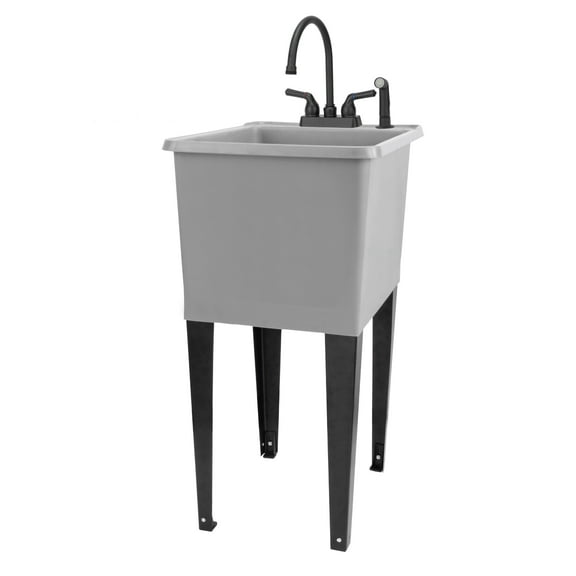 TEHILA Space Saver 16 Gallon Grey Utility Sink with Black Faucet & Side-Sprayer