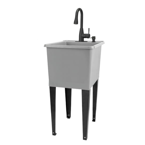 TEHILA Space Saver 16 Gallon Grey Utility Sink with Black Pull-Down Faucet with Pause Mode