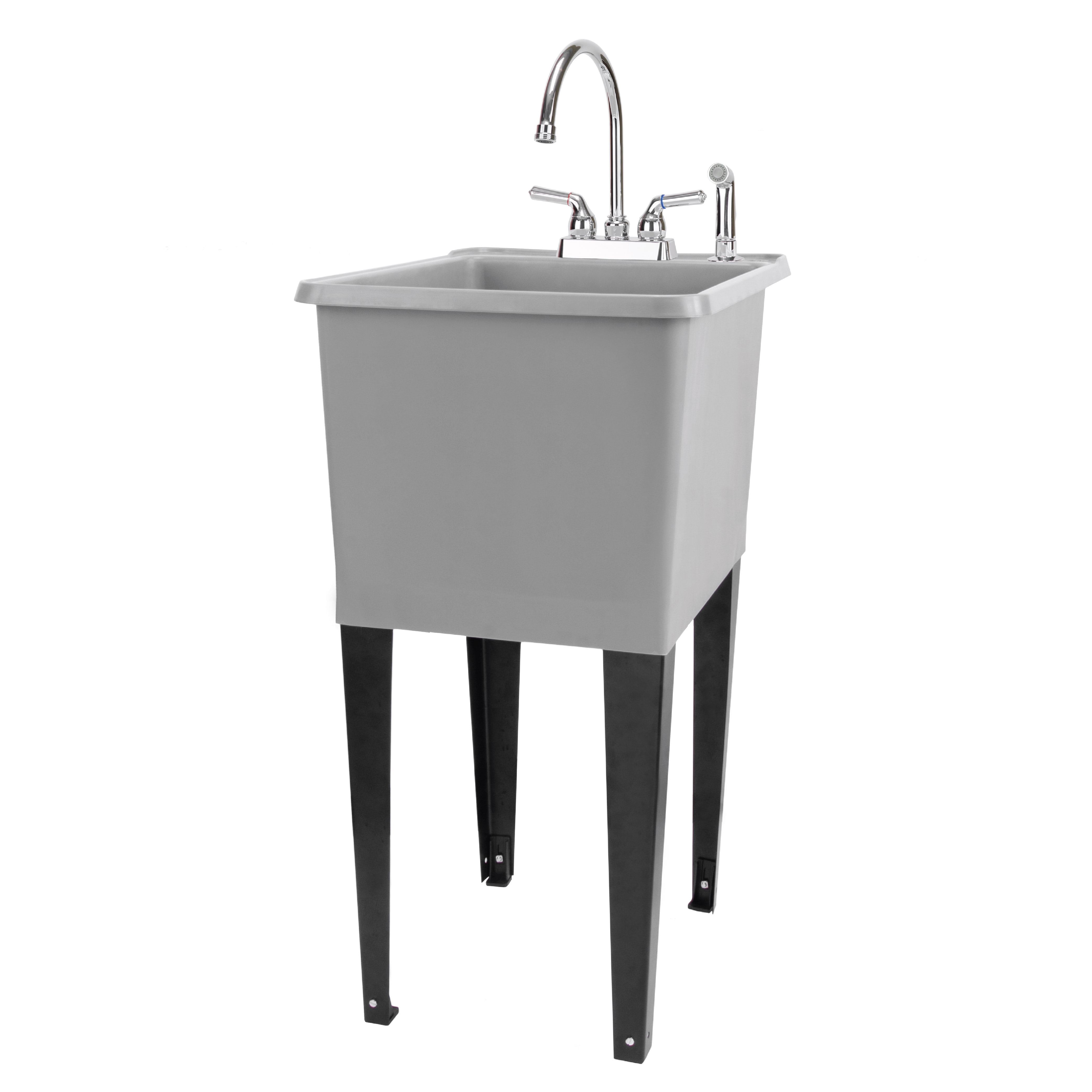 Gray Thermoplastic Freestanding Utility Sink with Chrome Faucet and Sprayer