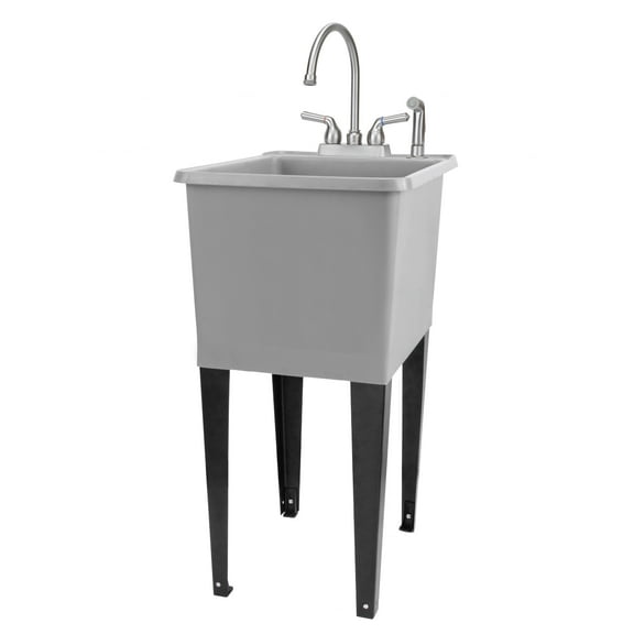 TEHILA Space Saver 16 Gallon Grey Utility Sink with Stainless Finish Faucet & Side-Sprayer